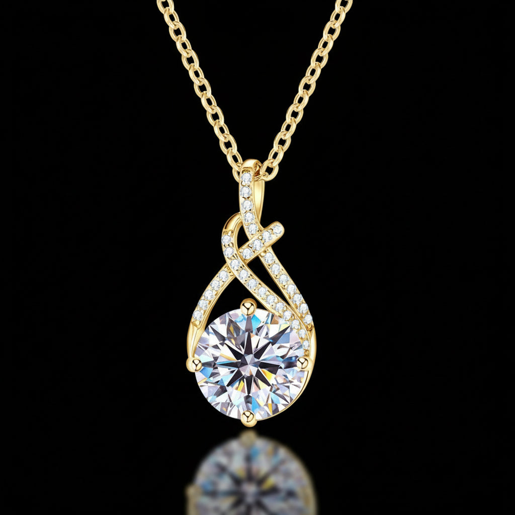 Collier Moissanite 2ct Plaqué Or 18K - Pendentif Torsadé Choker Certifié GRA