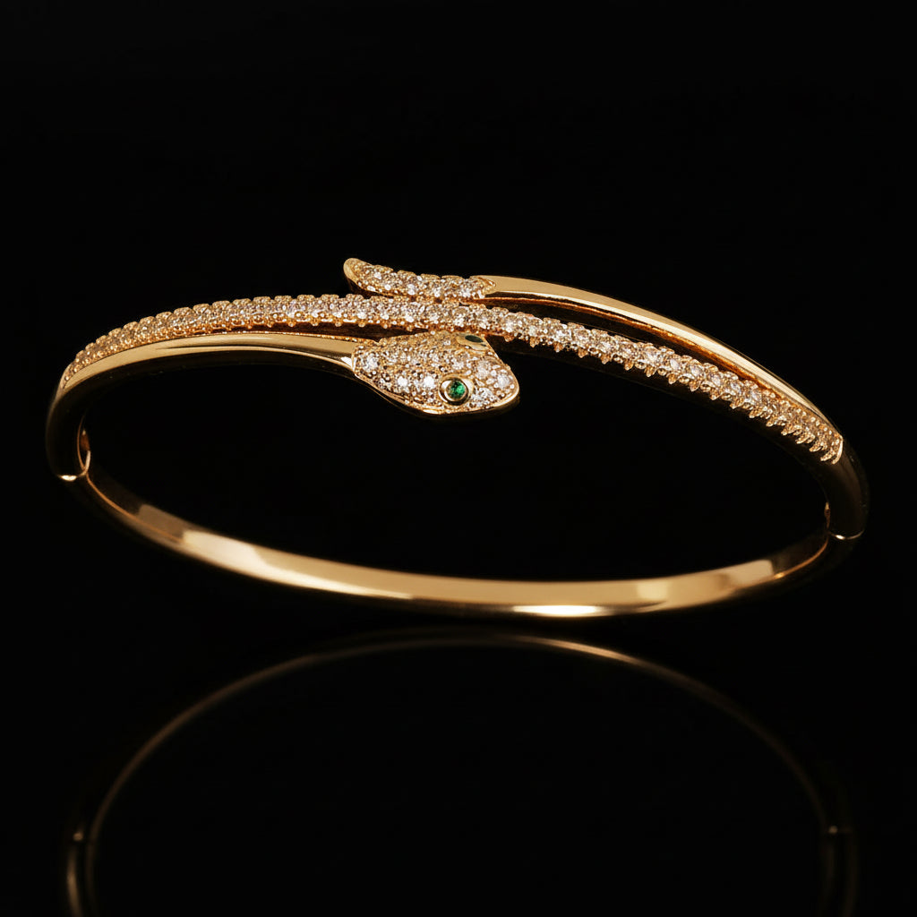 Bracelet Jonc Serpent & Tigre Acier Inoxydable Doré - Zirconia Femme Style Animal