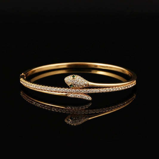 Bracelet Jonc Serpent & Tigre Acier Inoxydable Doré - Zirconia Femme Style Animal