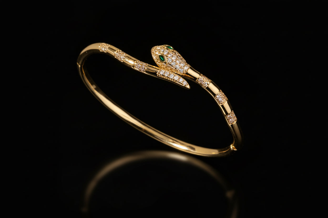 Bracelet Jonc Serpent & Tigre Acier Inoxydable Doré - Zirconia Femme Style Animal