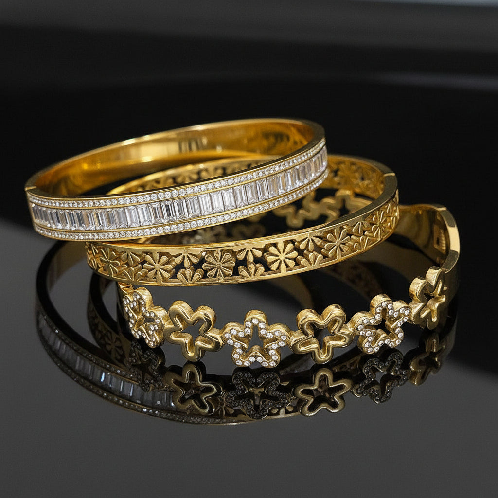 1 Bracelet Manchette Fleur Ajourée Strass Acier Inoxydable - Style Rétro Waterproof Empilable