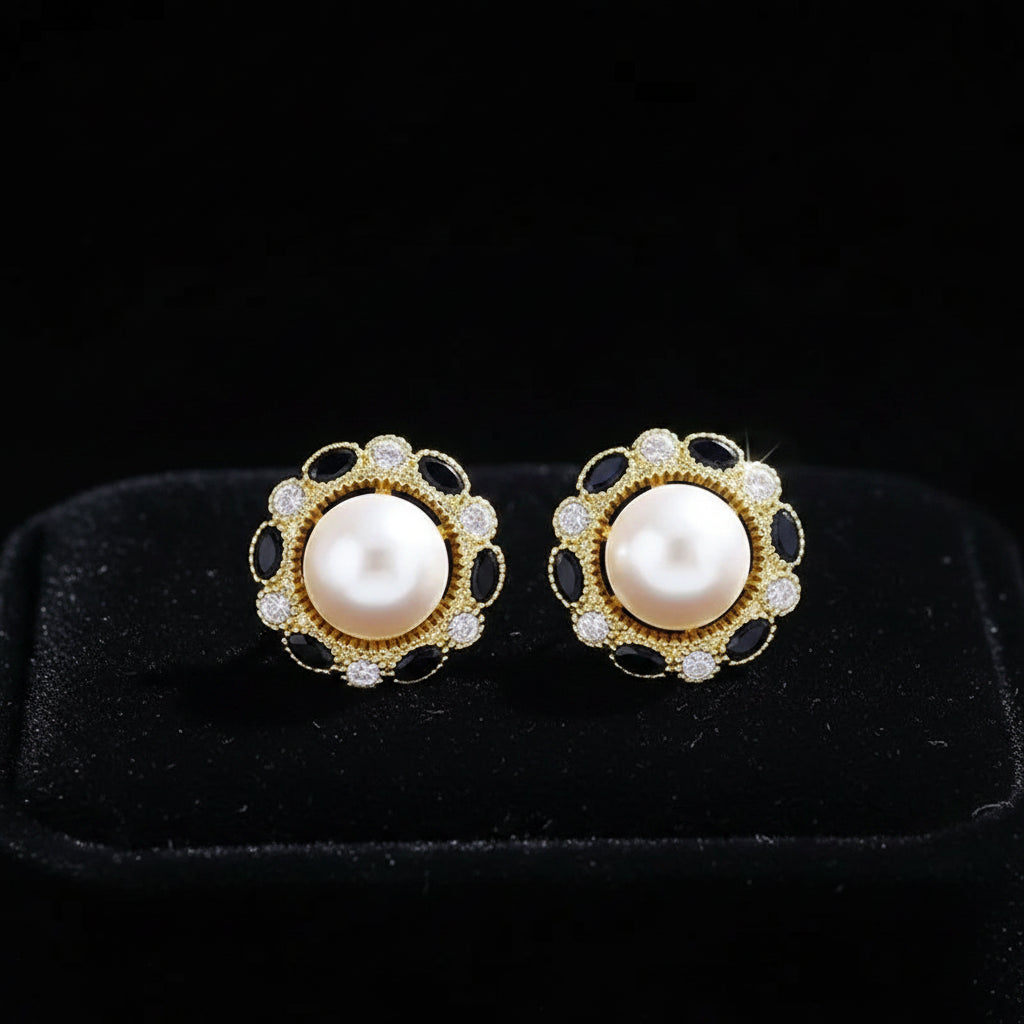 Boucles d'Oreilles Puces Dorées – Perle & Gemme Bleue Vintage