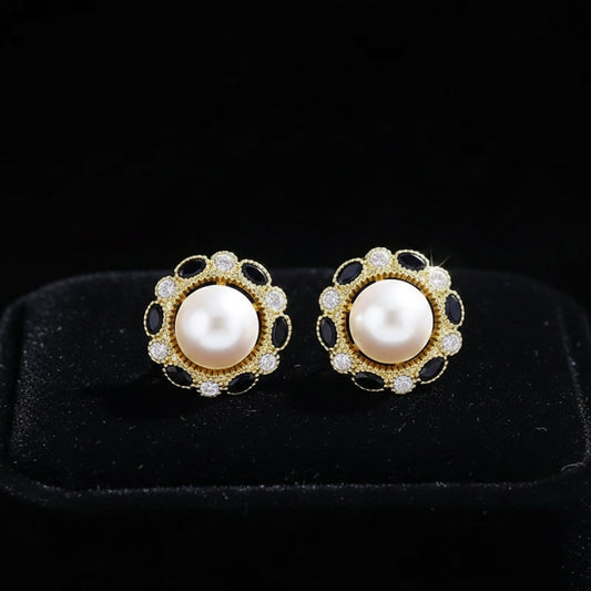 Boucles d'Oreilles Puces Dorées – Perle & Gemme Bleue Vintage