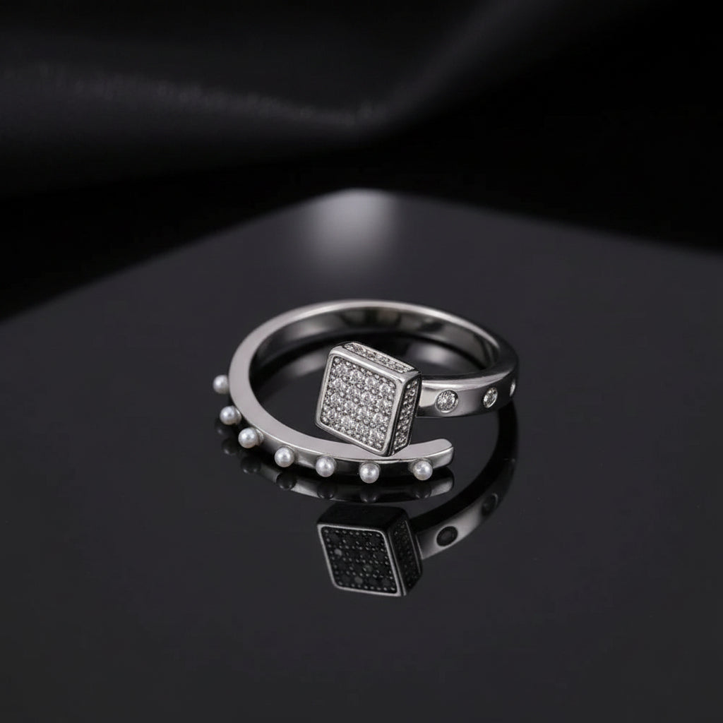 Bague Ouverte Carré Sucre Pavé Zircon & Perle — Plaqué Argent | Délicate & Romantique