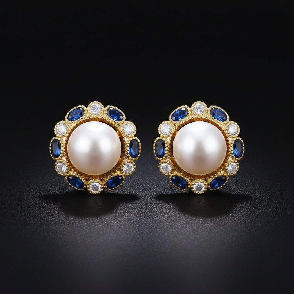 Boucles d'Oreilles Puces Dorées – Perle & Gemme Bleue Vintage