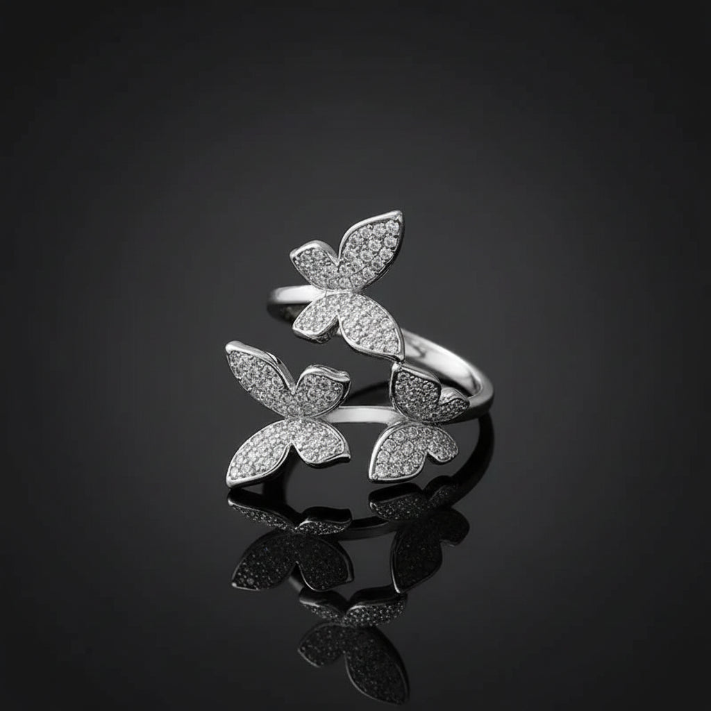 Bague Double Papillon – Zircon Pavé & Plaqué Argent