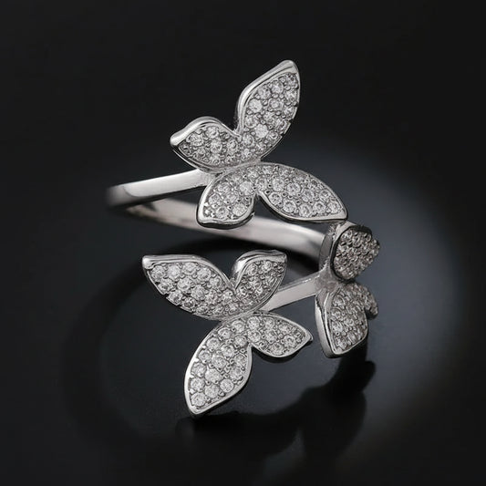 Bague Double Papillon – Zircon Pavé & Plaqué Argent
