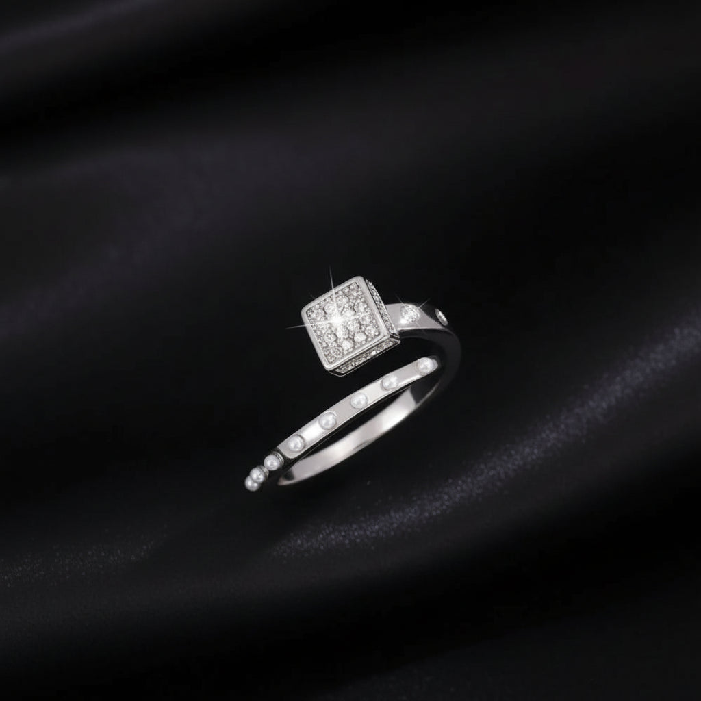 Bague Ouverte Carré Sucre Pavé Zircon & Perle — Plaqué Argent | Délicate & Romantique