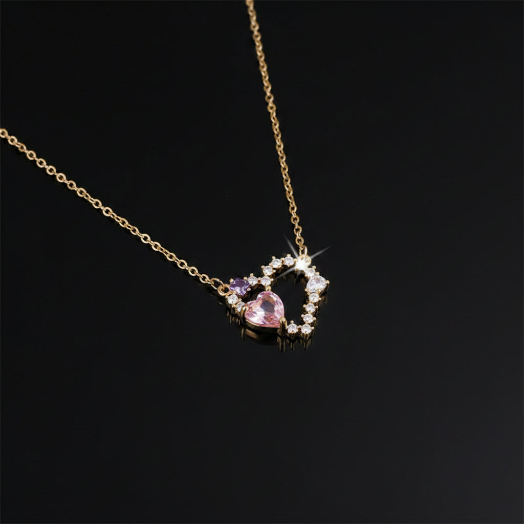 Collier Pendentif Cœur – Zircon Rose & Violet, Plaqué Or 18K