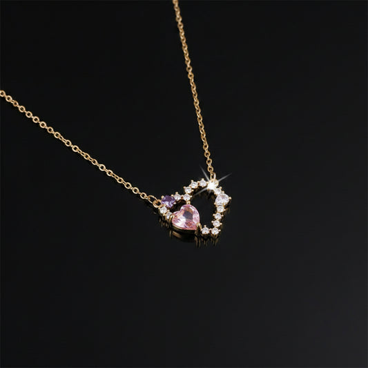 Collier Pendentif Cœur – Zircon Rose & Violet, Plaqué Or 18K