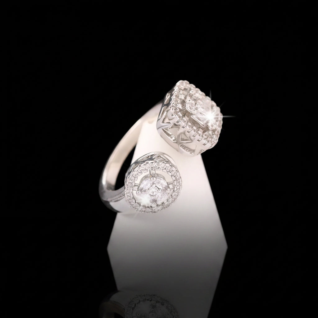 Bague Ouverte Double Cercle Pavé Zircon — Plaqué Argent | Délicate & Élégante