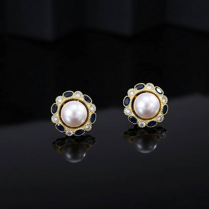 Boucles d'Oreilles Puces Dorées – Perle & Gemme Bleue Vintage