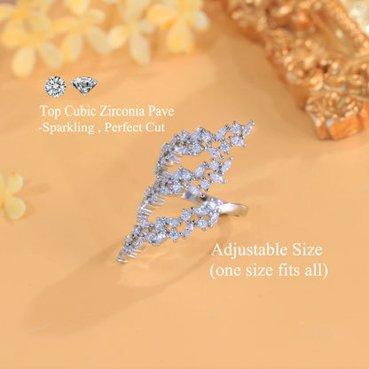 Bague Ajustable Argent Plaqué Zircon Cubique Feuille - Bijou Mariage Femme