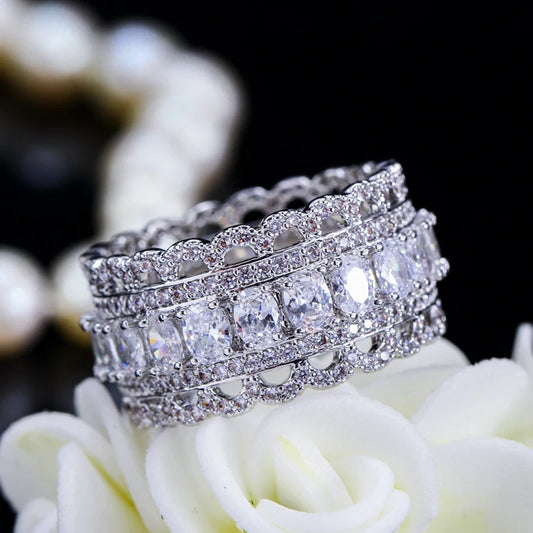 Bague Luxe Ovale Plaqué Or Blanc - Zircon Cubique Large Anneau Mariage