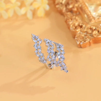 Bague Ajustable Argent Plaqué Zircon Cubique Feuille - Bijou Mariage Femme