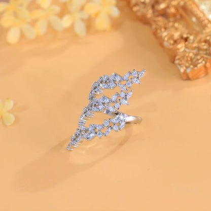 Bague Ajustable Argent Plaqué Zircon Cubique Feuille - Bijou Mariage Femme