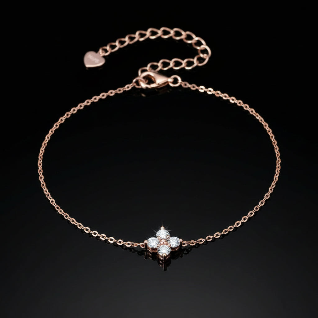 Bracelet Trèfle Quatre Feuilles Moissanite Certifié GRA - Argent 925 Plaqué Or Rose - Bijou Porte-Bonheur Femme