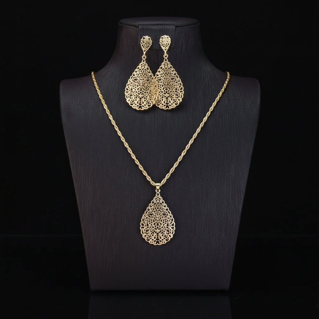 Parure Marocaine Goutte Ajourée Doré - Collier et Boucles d'Oreilles Style Arabesque Mariée