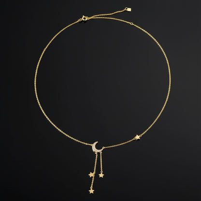 Collier Argent 925 Plaqué Or - Pendentif Lune Étoile Zircon Femme