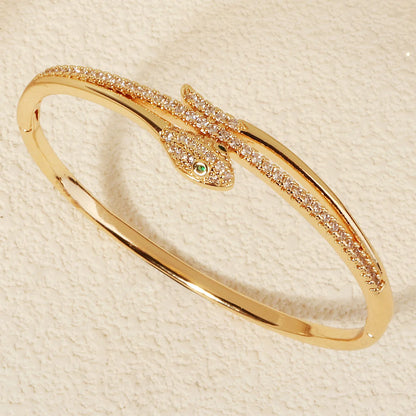 Bracelet Jonc Serpent & Tigre Acier Inoxydable Doré - Zirconia Femme Style Animal