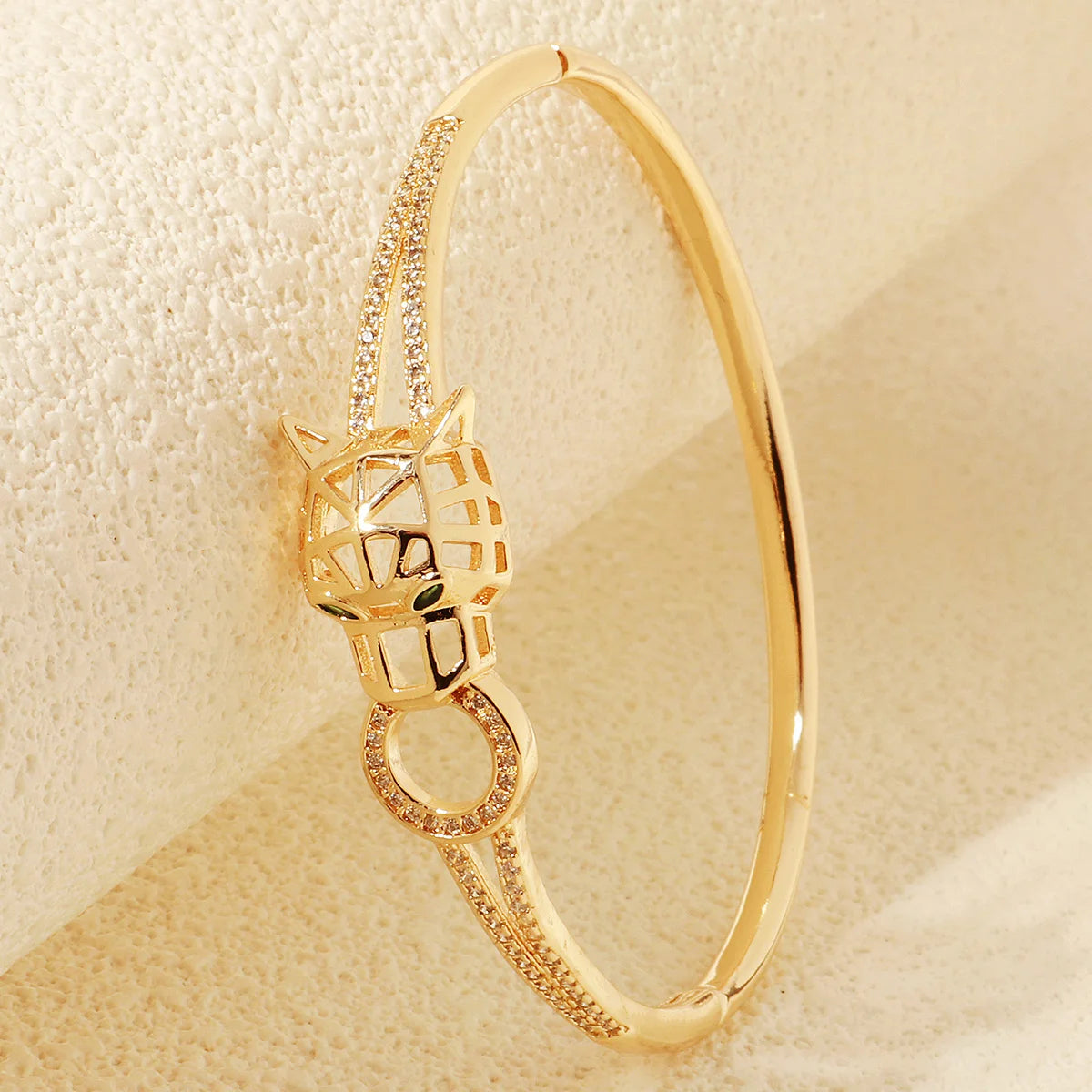 Bracelet Jonc Serpent & Tigre Acier Inoxydable Doré - Zirconia Femme Style Animal