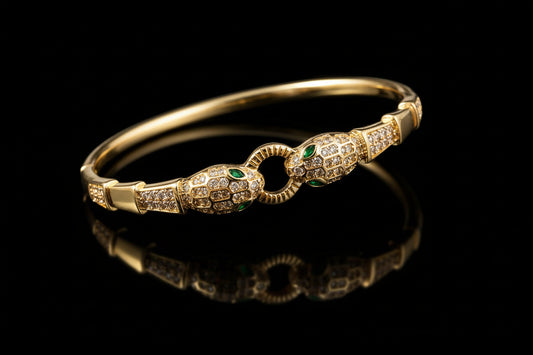 Bracelet Jonc Serpent & Tigre Acier Inoxydable Doré - Zirconia Femme Style Animal