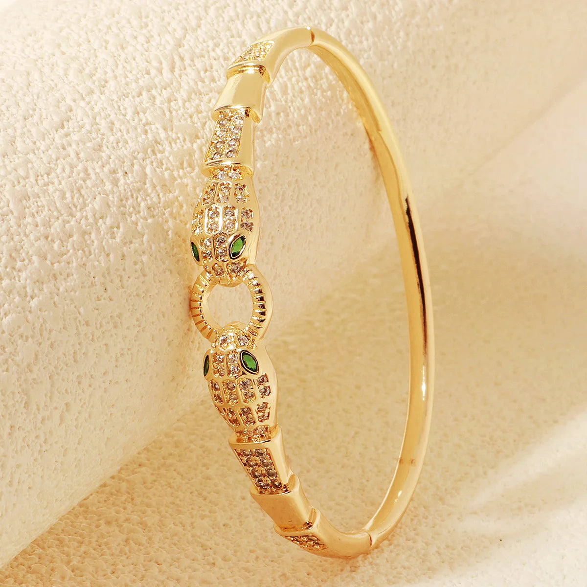 Bracelet Jonc Serpent & Tigre Acier Inoxydable Doré - Zirconia Femme Style Animal