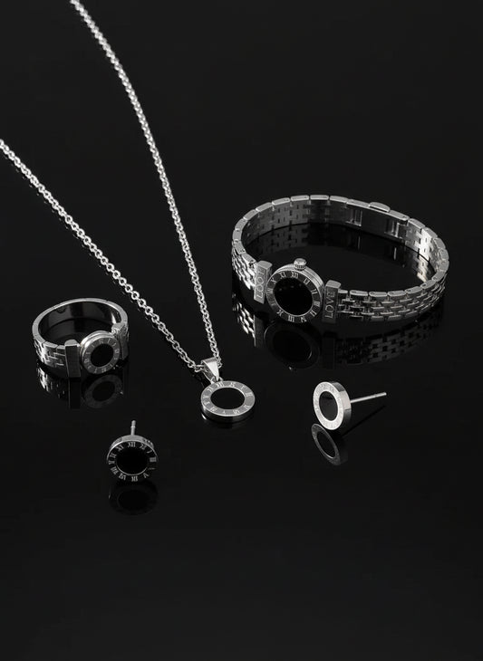 Ensemble Chiffres Romains - Collier Bracelet Bague Puces Acier Titane Minimaliste