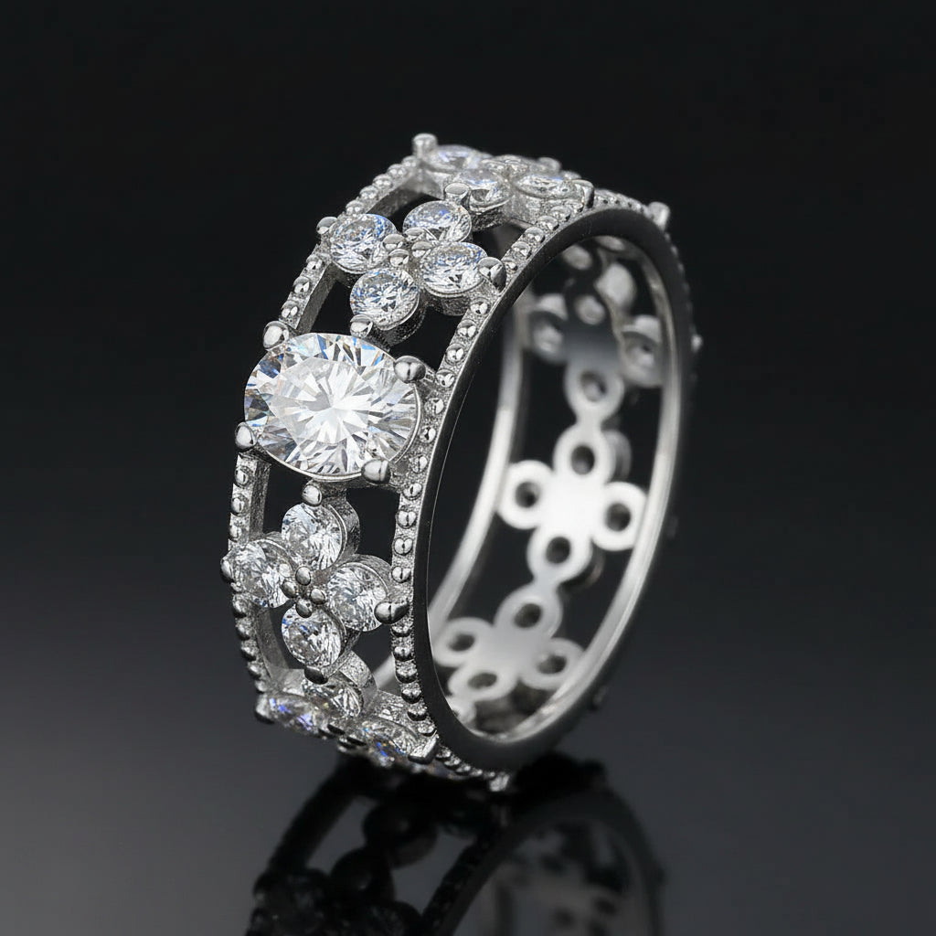 Bague Éternité Trèfle 4 Feuilles Zircon 1ct - Platine Pt950 Or Blanc 18k