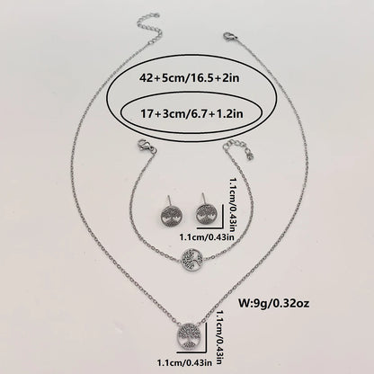Ensemble 4 Pièces Arbre de Vie - Collier, Bracelet et Boucles d'Oreilles en Acier Inoxydable
