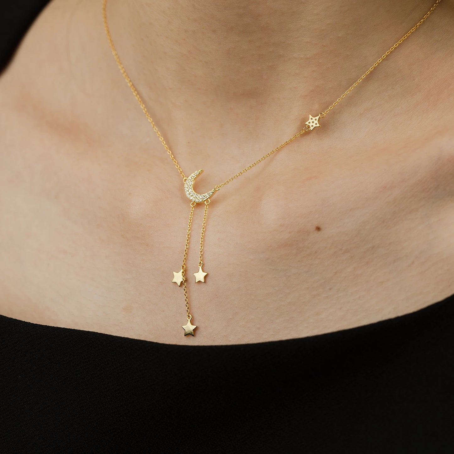 Collier Argent 925 Plaqué Or - Pendentif Lune Étoile Zircon Femme