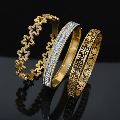 1 Bracelet Manchette Fleur Ajourée Strass Acier Inoxydable - Style Rétro Waterproof Empilable