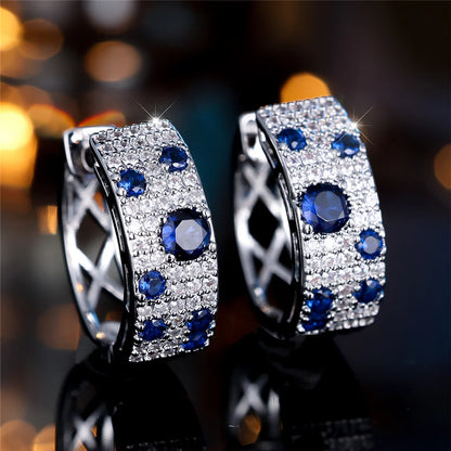 Cute Female White Blue Zircon Stone Round Hoop Earrings Fashion Gold Color Wedding Jewelry For Women