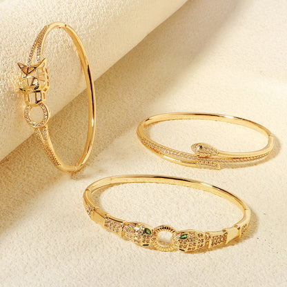 Bracelet Jonc Serpent & Tigre Acier Inoxydable Doré - Zirconia Femme Style Animal