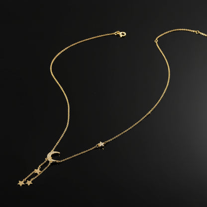 Collier Argent 925 Plaqué Or - Pendentif Lune Étoile Zircon Femme
