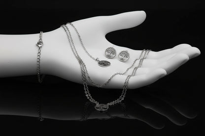 Ensemble 4 Pièces Arbre de Vie - Collier, Bracelet et Boucles d'Oreilles en Acier Inoxydable