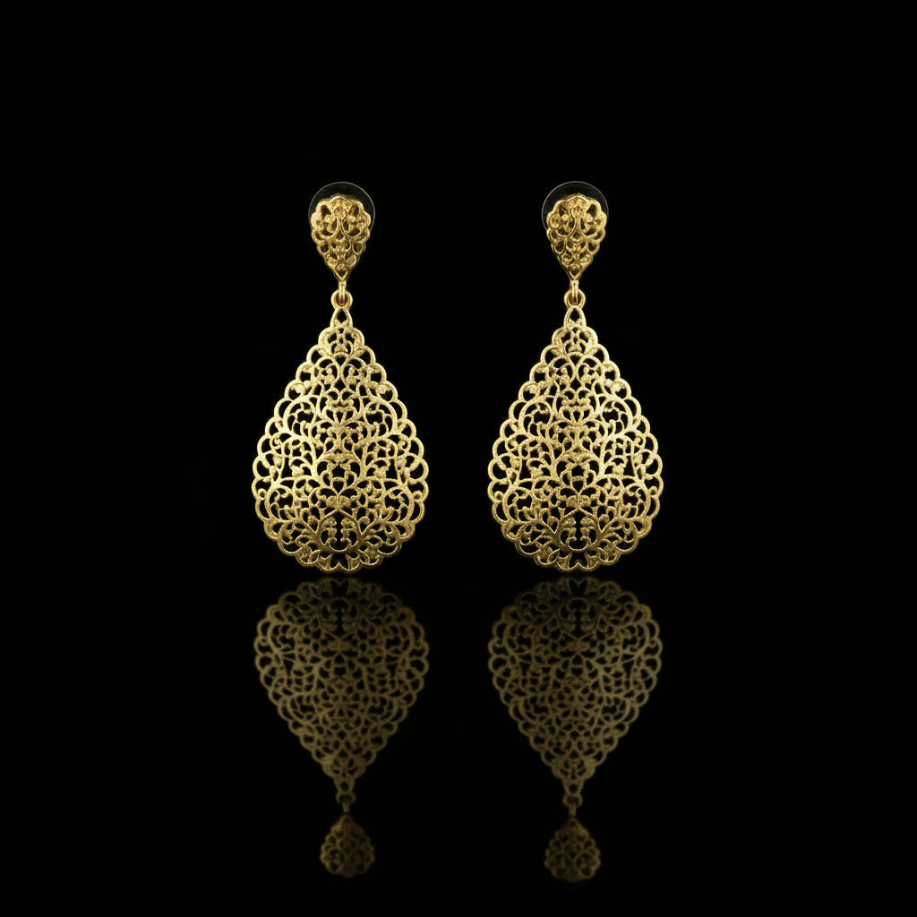 Parure Marocaine Goutte Ajourée Doré - Collier et Boucles d'Oreilles Style Arabesque Mariée