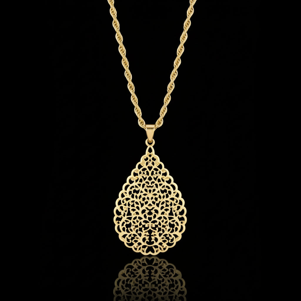 Parure Marocaine Goutte Ajourée Doré - Collier et Boucles d'Oreilles Style Arabesque Mariée