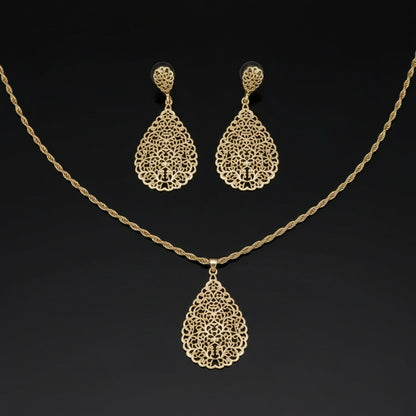Parure Marocaine Goutte Ajourée Doré - Collier et Boucles d'Oreilles Style Arabesque Mariée