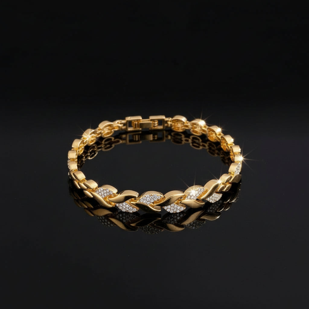 Bracelet Chaîne Trombone Plaqué Or 14K Zircon Cubique - Style Montre Chunky Ajustable