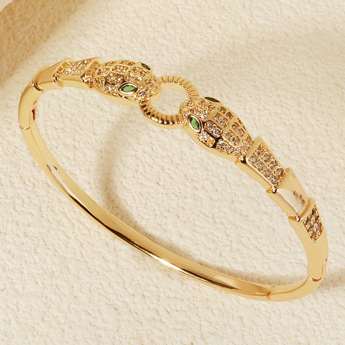 Bracelet Jonc Serpent & Tigre Acier Inoxydable Doré - Zirconia Femme Style Animal