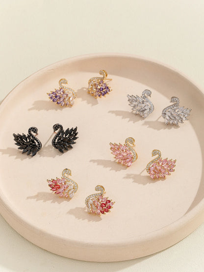 Boucles d'oreilles Cygne Colorées Style Déesse Luxe Léger, Zircon Micro-serti, Longues Boucles Tendance et Polyvalentes
