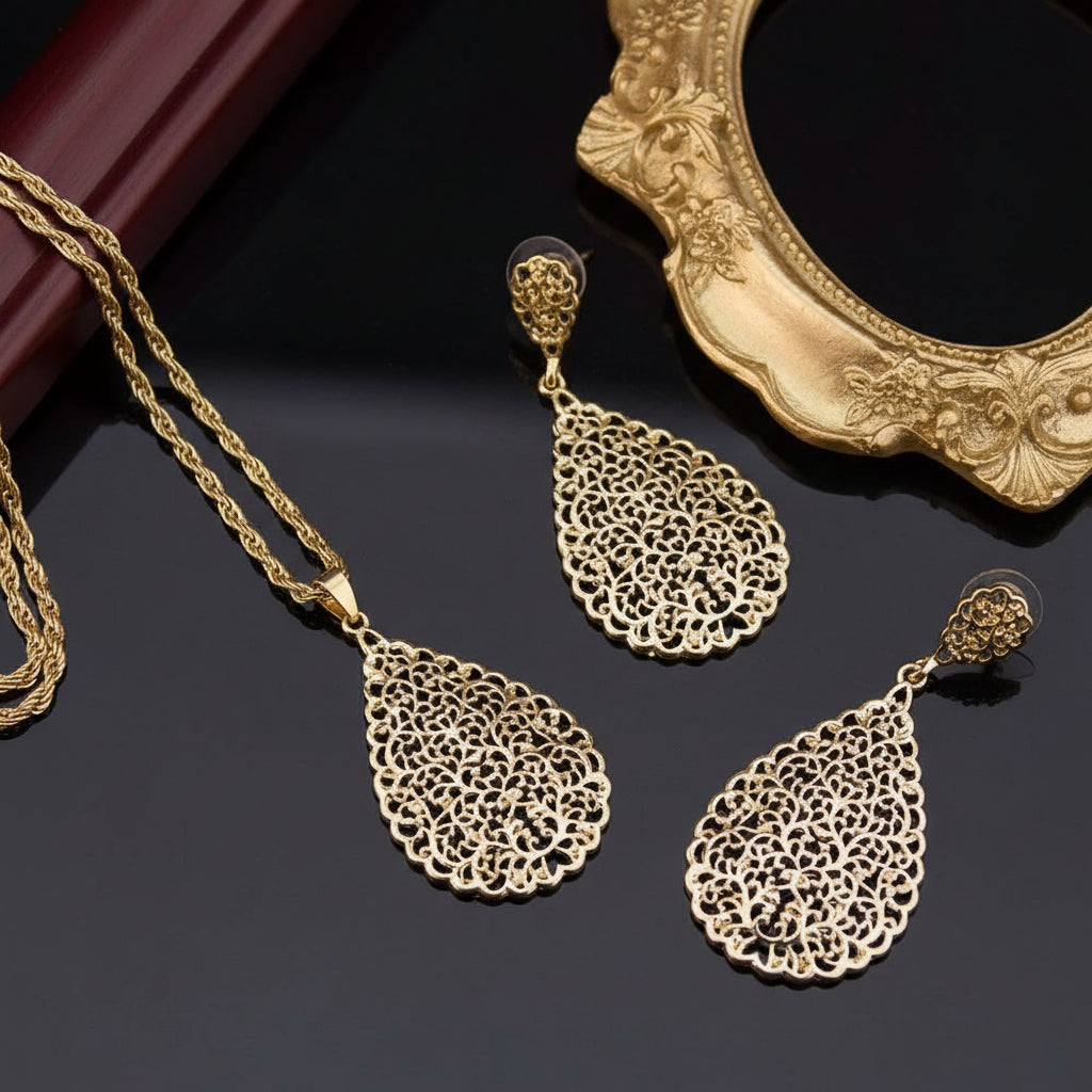 Parure Marocaine Goutte Ajourée Doré - Collier et Boucles d'Oreilles Style Arabesque Mariée