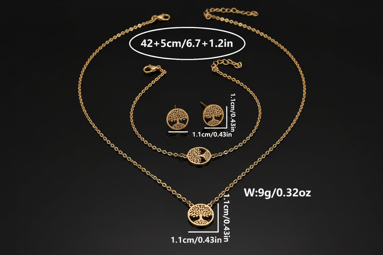 Ensemble 4 Pièces Arbre de Vie - Collier, Bracelet et Boucles d'Oreilles en Acier Inoxydable