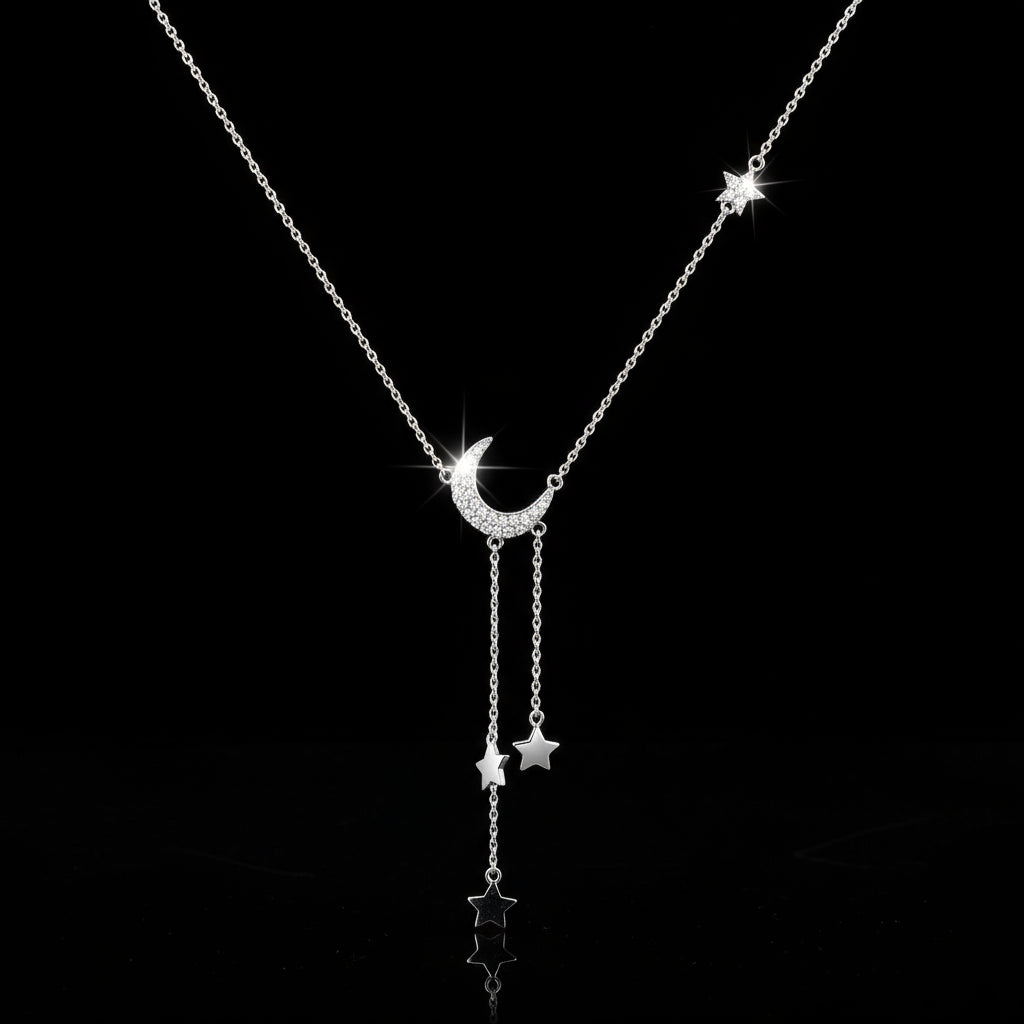 Collier Argent 925 Plaqué Or - Pendentif Lune Étoile Zircon Femme