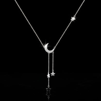 Collier Argent 925 Plaqué Or - Pendentif Lune Étoile Zircon Femme