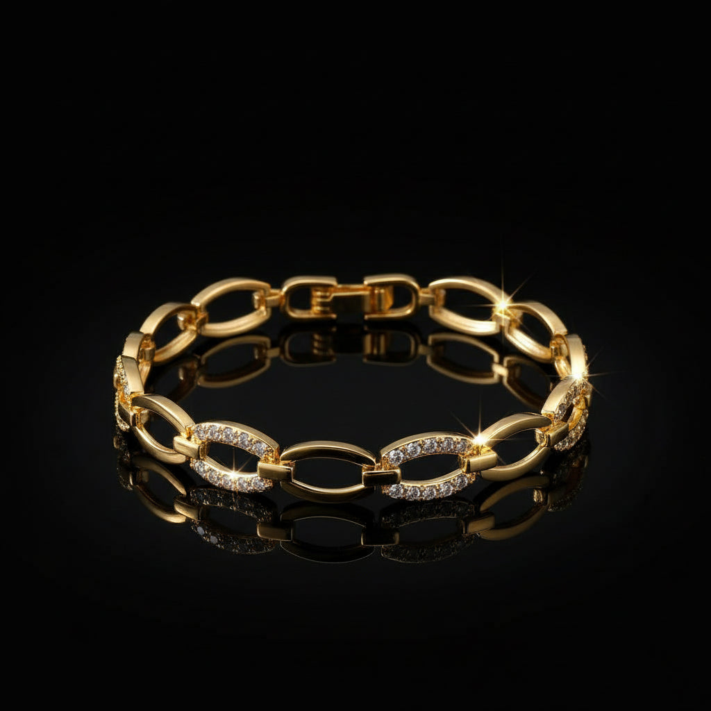 Bracelet Chaîne Trombone Plaqué Or 14K Zircon Cubique - Style Montre Chunky Ajustable