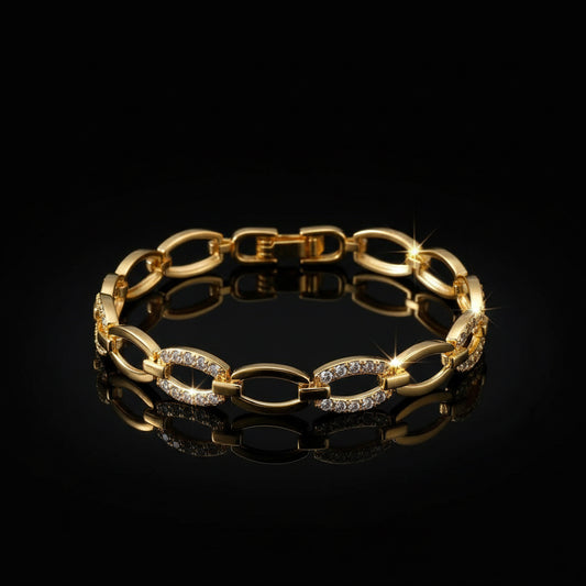 Bracelet Chaîne Trombone Plaqué Or 14K Zircon Cubique - Style Montre Chunky Ajustable